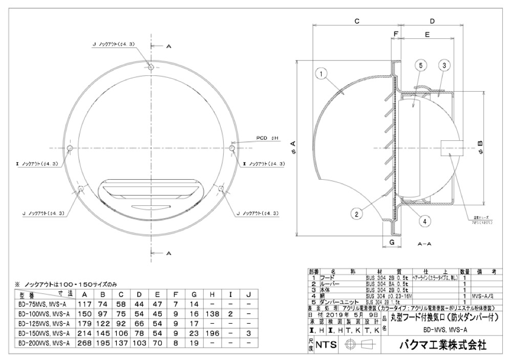 バクマ【丸型フード付換気口 アミ無し 防火ダンパー付 BD-MVS】BD-150MVS アミ無し - 「匠の一冊」公式通販サイト