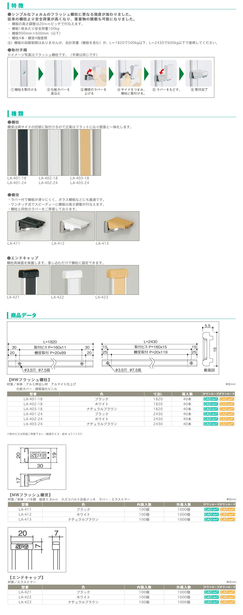 インテリア家具 SPG フラッシュ棚柱セット棚柱4本、エンドキャップ8ケ、棚受4ケ耐荷重30kg ホワイトLA502 - 2