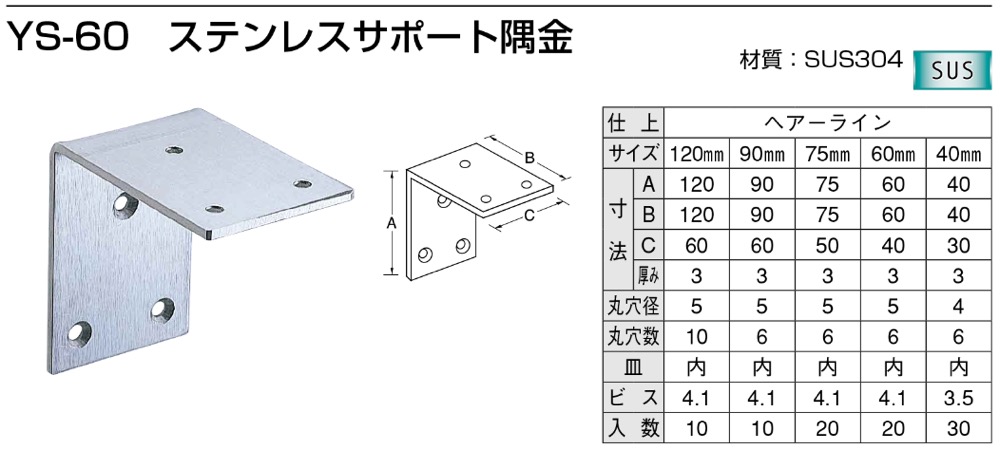 ブランド雑貨総合 山口安製作所 ステンレスサポート隅金 YS-60 規格：120