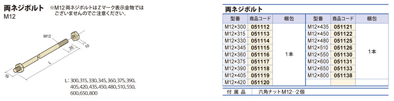 住宅建築資材と金物通販の【匠の一冊】 / Z(ゼット)【両ネジボルト M12】