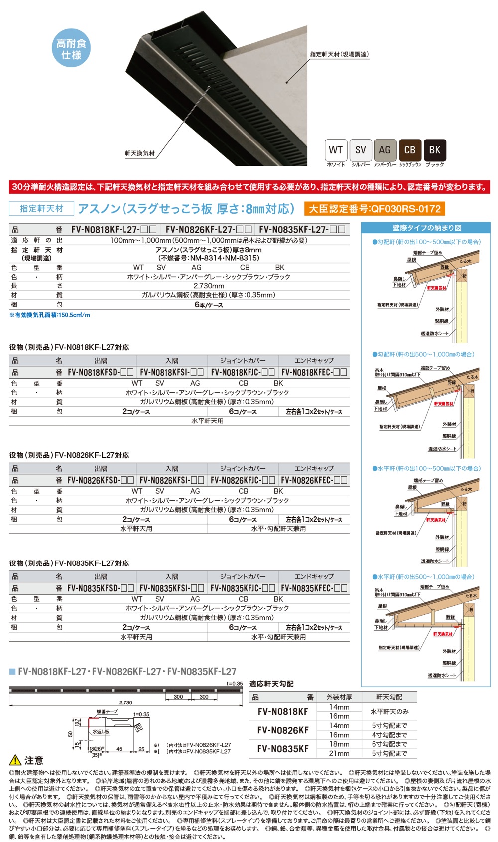 城東テクノ 防火対応軒天換気(壁際タイプ) 長さ2730mm FV-N0835KF-L27-WT - 3