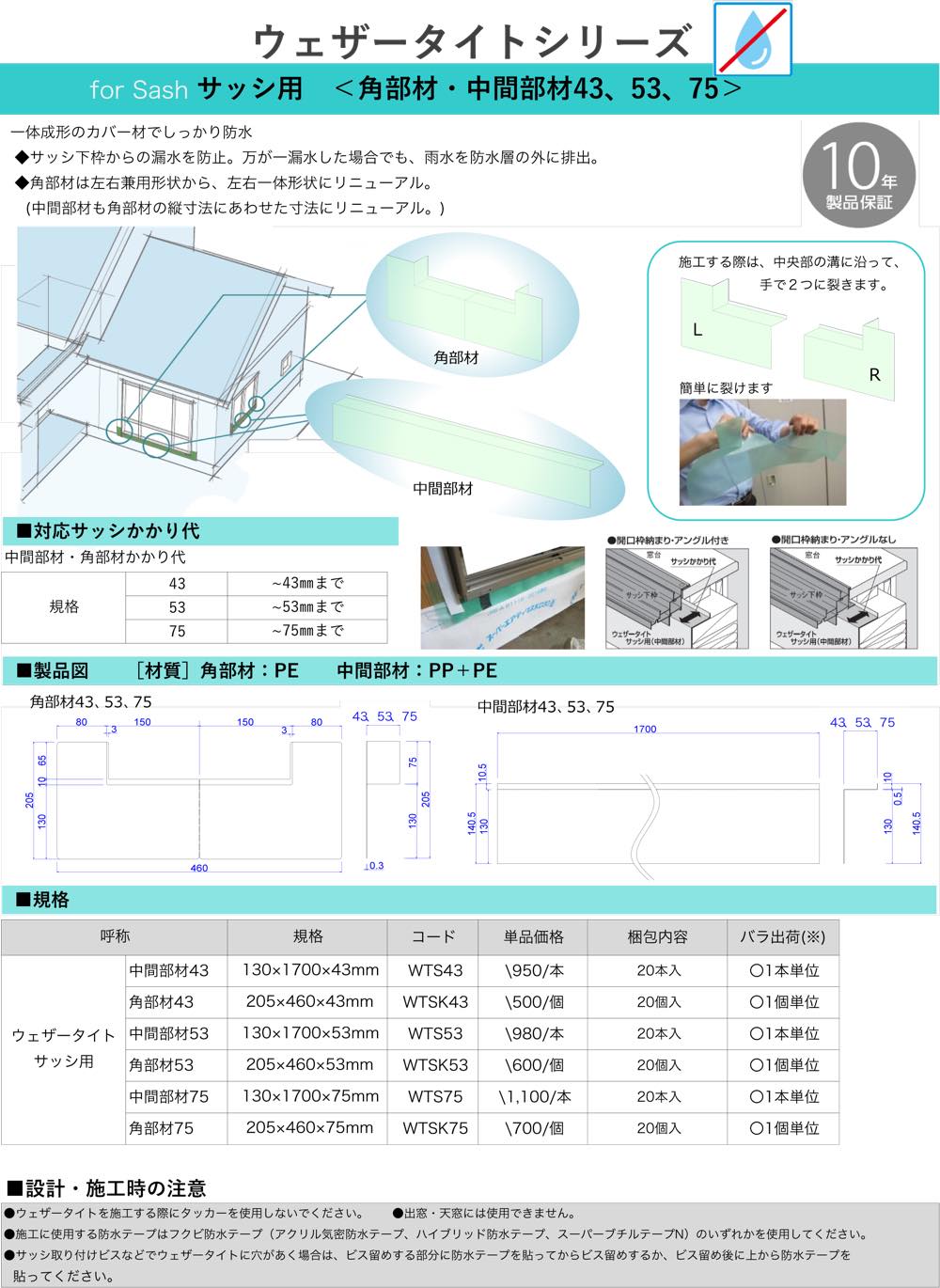 フクビ【ウェザータイト サッシ用(左右一体タイプ)※出荷制限中】WTS53 中間部材53※欠品中~他