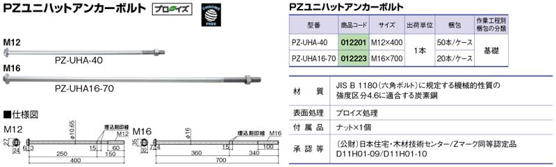 別倉庫からの配送 アンカーボルト プロイズ PZユニハットアンカーボルト PZ-UHA-40 M12×400 基礎と土台等の緊結に使用します  012201 カネシン アミ