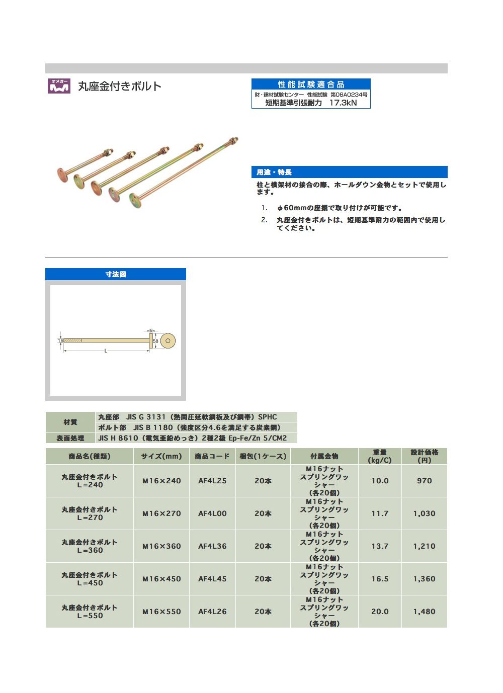 即納大特価】 タナカ 丸座金付ボルト L=450 20本入 AF4L45