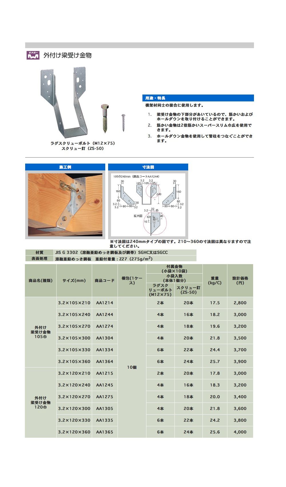 上質で快適 タナカ 外付け梁受け金物 105巾×210用 AA121400 1個