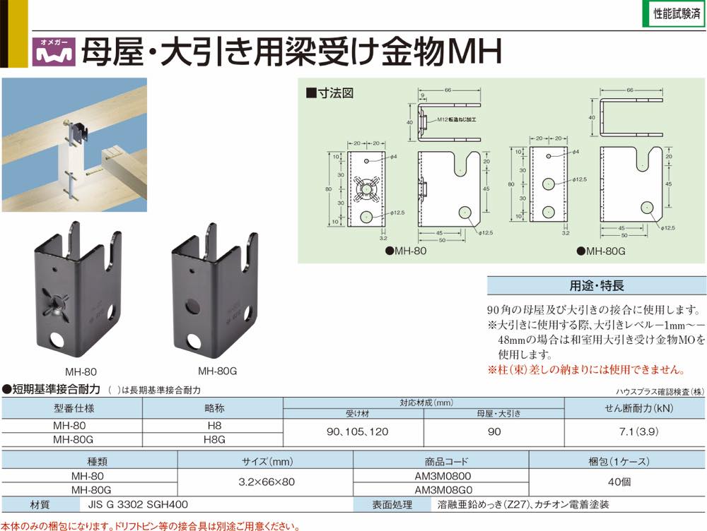 タナカ【SSマルチ 母屋・大引き用梁受け金物MH】AM3M0800(MH-80)~他