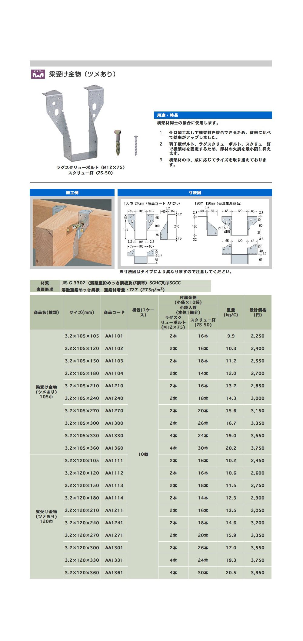 100%正規品 マモルデタナカ 梁受け金物 ツメあり 梁寸法105巾用 105×420×t3.2mm 10個 441-9659 基礎 内装 構造 土台 