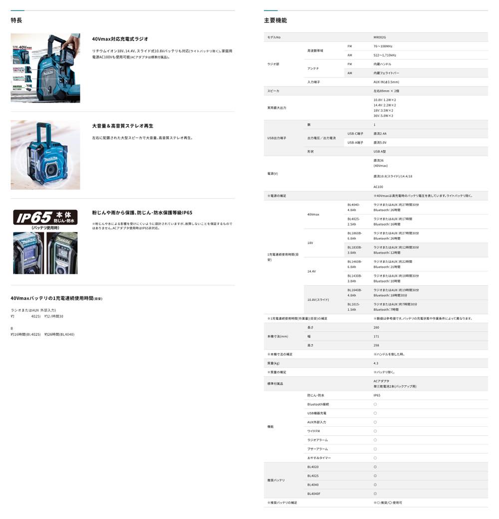 マキタ【MR002GZ 充電式ラジオ】MR002GZ~他