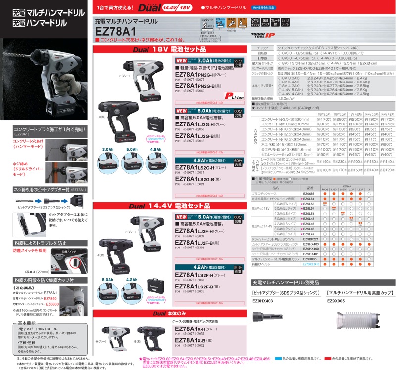 期間限定送料無料 クニモトハモノ店パナソニック 充電マルチハンマードリル EZ78A1LS2F-B 14.4V 4.2Ah 