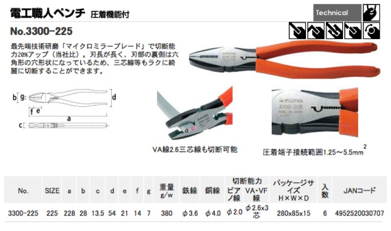 フジ矢【3300-225 電工職人ペンチ】3300-225 - 「匠の一冊」公式通販サイト